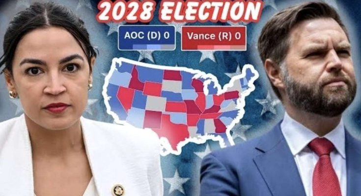 split-screen graphic showing AOC and JD Vance with 2028 election prediction map