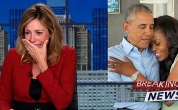 news anchor crying beside images of Barack and Michelle Obama embracing and sitting