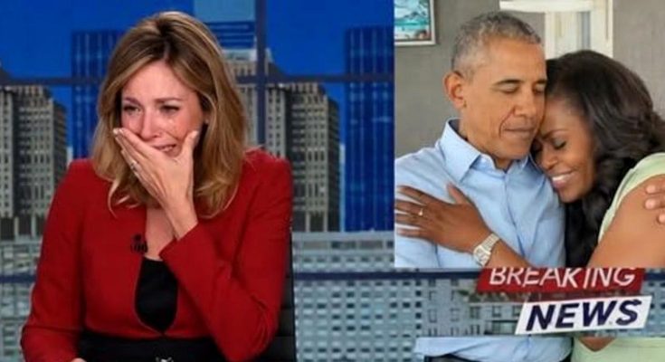 news anchor crying beside images of Barack and Michelle Obama embracing and sitting