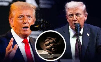 donald Trump speaking at microphones with inset image of hands clasped over open Bible