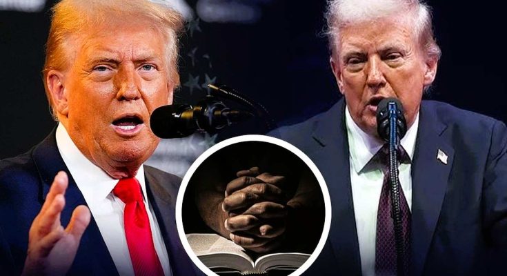 donald Trump speaking at microphones with inset image of hands clasped over open Bible