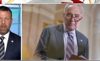 split-screen news broadcast showing a male anchor in a studio and Senator Chuck Schumer