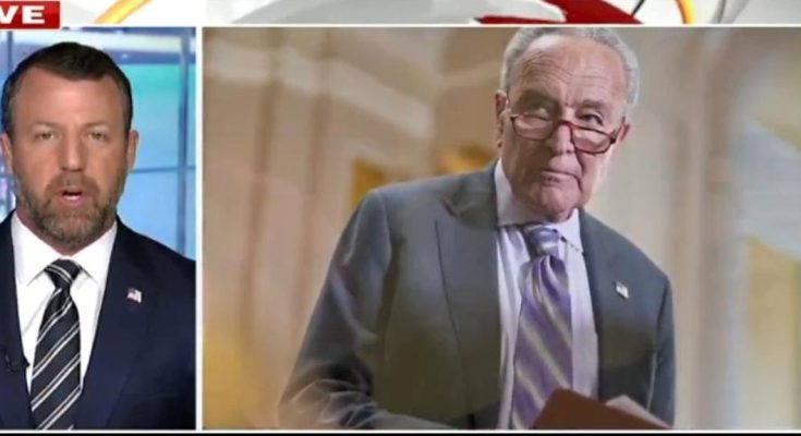 split-screen news broadcast showing a male anchor in a studio and Senator Chuck Schumer