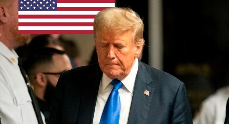 donald Trump walking through courthouse corridor with American flag and conviction