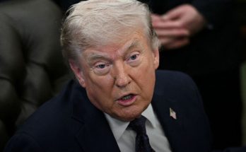 donald Trump speaking in dark suit with survey text showing 77 percent blame him for gas