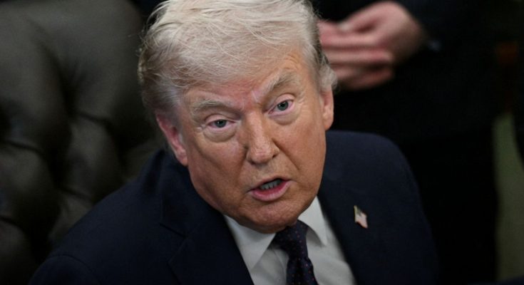 donald Trump speaking in dark suit with survey text showing 77 percent blame him for gas