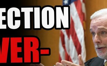 judge in black robe gestures with hands beside bold text reading ELECTION OVER- with