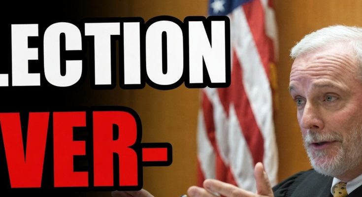 judge in black robe gestures with hands beside bold text reading ELECTION OVER- with