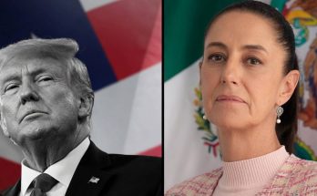 leaders in political event with US and Mexican flags