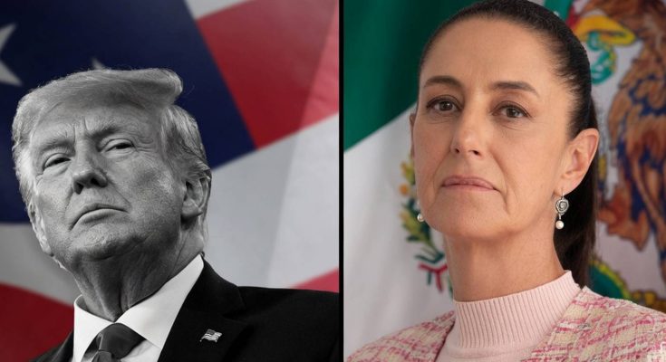 leaders in political event with US and Mexican flags