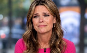 emotional woman in pink dress with tears on TV set