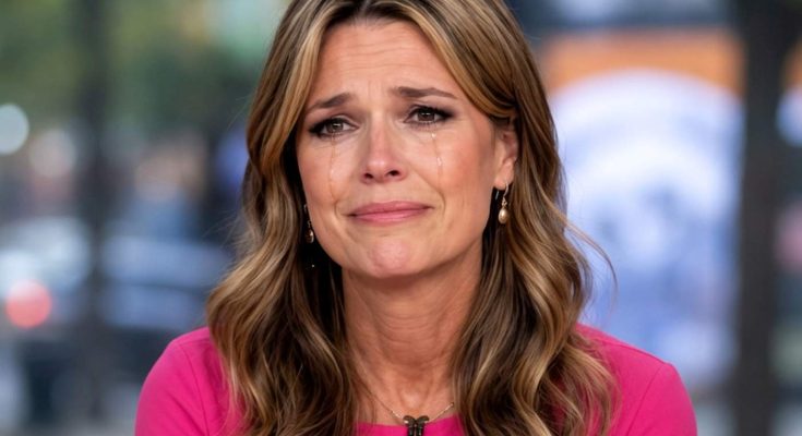 emotional woman in pink dress with tears on TV set