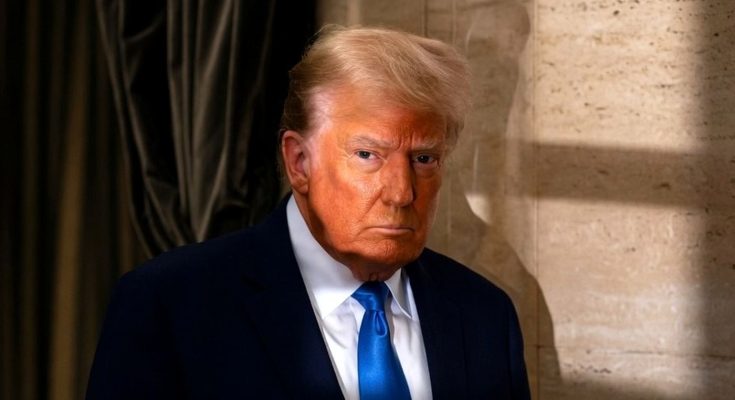 donald Trump stands in a navy suit and bright blue tie against a travertine column and