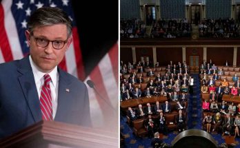 house Speaker Mike Johnson at podium with American flag beside crowded congressional