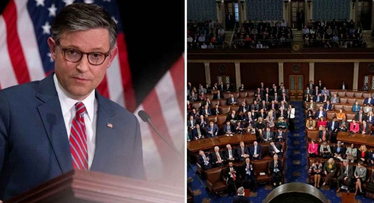 house Speaker Mike Johnson at podium with American flag beside crowded congressional