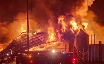 massive fire engulfs large industrial warehouse at night