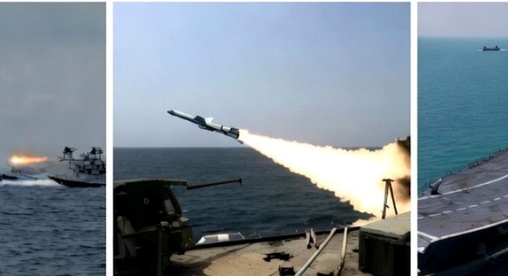 warships in formation on ocean with missile launch focus