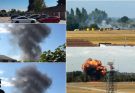 smoke and explosion at airfield with emergency response vehicles