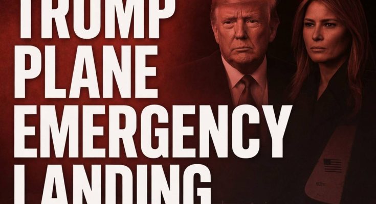 donald Trump and Melania Trump with bold text reading Trump Plane Emergency Landing on