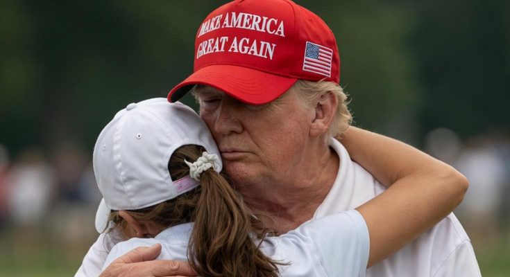 man in red cap embraces young golfer on green course
