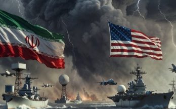 naval standoff with US, Iran, Russia flags under stormy sky