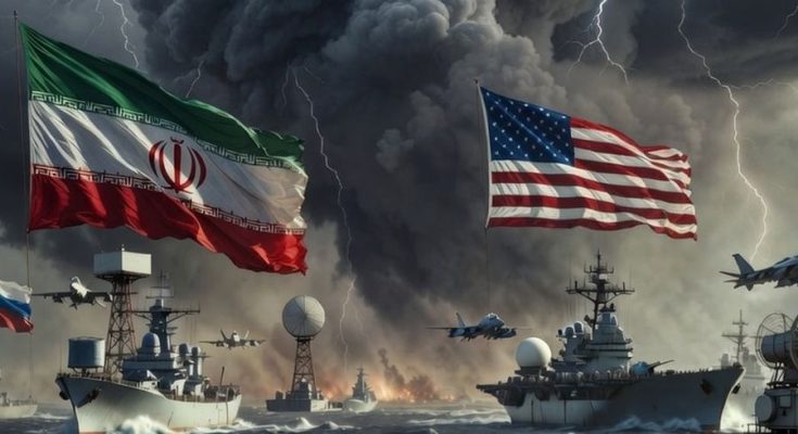 naval standoff with US, Iran, Russia flags under stormy sky