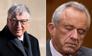 split image showing Bill Gates smiling in a black coat and RFK Jr speaking at a