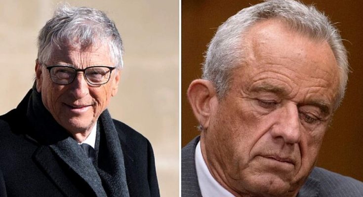 split image showing Bill Gates smiling in a black coat and RFK Jr speaking at a