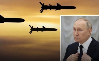 silhouette missiles at sunset, Putin inset, WW3 nuclear tensions