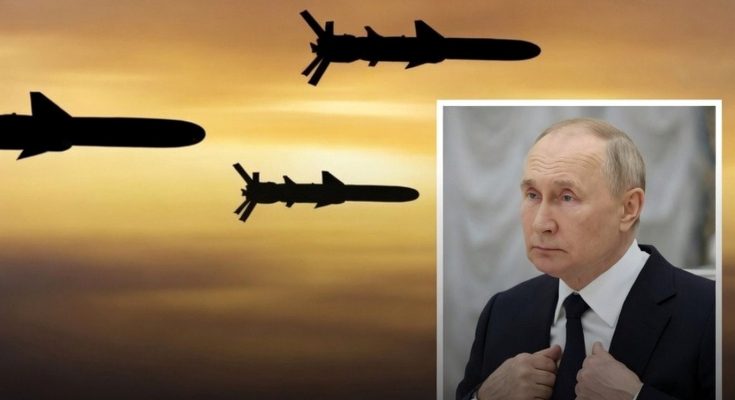 silhouette missiles at sunset, Putin inset, WW3 nuclear tensions