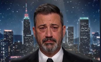jimmy Kimmel crying with tears against New York City skyline at night, SAD NEWS headline