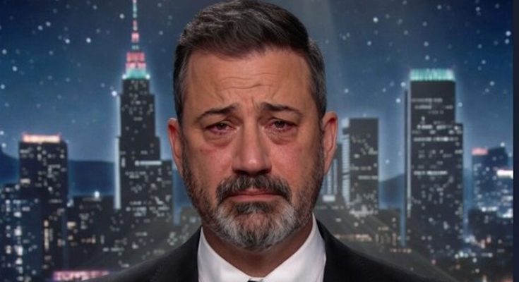 jimmy Kimmel crying with tears against New York City skyline at night, SAD NEWS headline