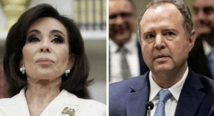 split-screen image shows Jeanine Pirro and Senator Adam Schiff with headline announcing