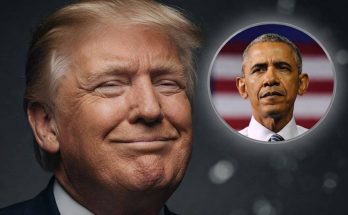 donald Trump smiling with eyes closed, inset image of Barack Obama against American flag