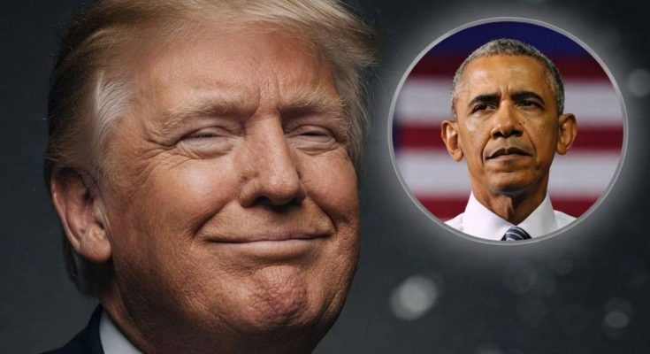 donald Trump smiling with eyes closed, inset image of Barack Obama against American flag