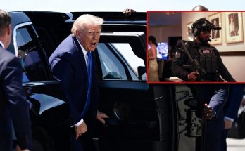 prominent figure exits vehicle as security detail stands by
