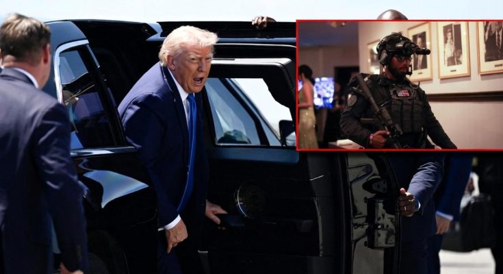 prominent figure exits vehicle as security detail stands by