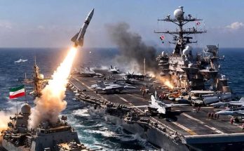 warship launches missile near aircraft carrier in ocean battle