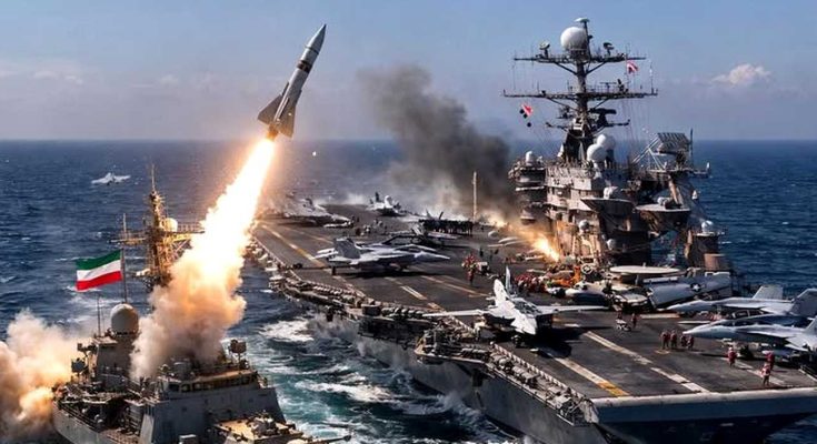 warship launches missile near aircraft carrier in ocean battle