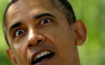 close-up of Barack Obama looking upward with surprised expression and bold on-image text
