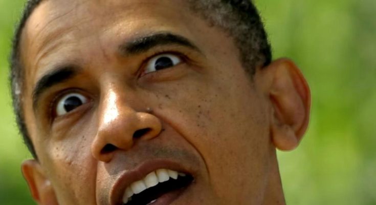 close-up of Barack Obama looking upward with surprised expression and bold on-image text