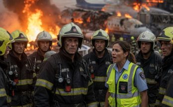 firefighters and emergency coordinator at airport disaster scene with burning aircraft
