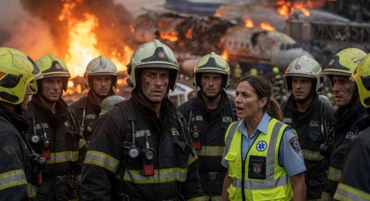 firefighters and emergency coordinator at airport disaster scene with burning aircraft