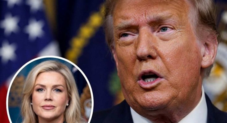 man speaking with flags in background, woman's portrait inset