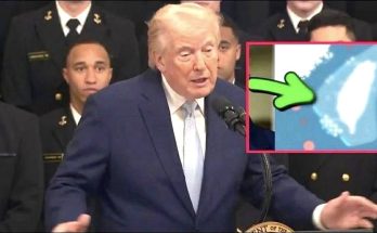 donald Trump speaks at a podium with uniformed personnel behind him, while an inset