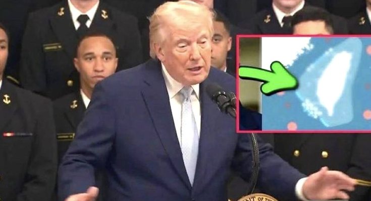 donald Trump speaks at a podium with uniformed personnel behind him, while an inset