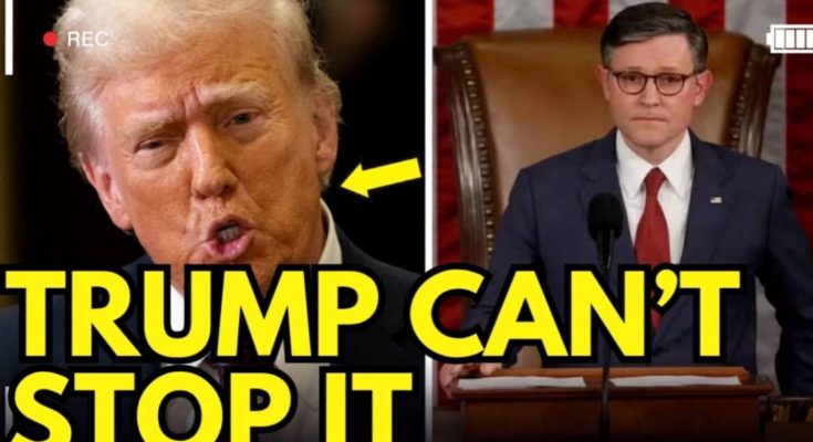 split-screen image showing Donald Trump speaking with recording indicator, Speaker Mike