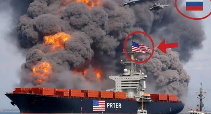 burning cargo ship with American flag, thick smoke billowing
