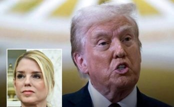 donald Trump speaking at podium with inset photo of Pam Bondi and bold headline text