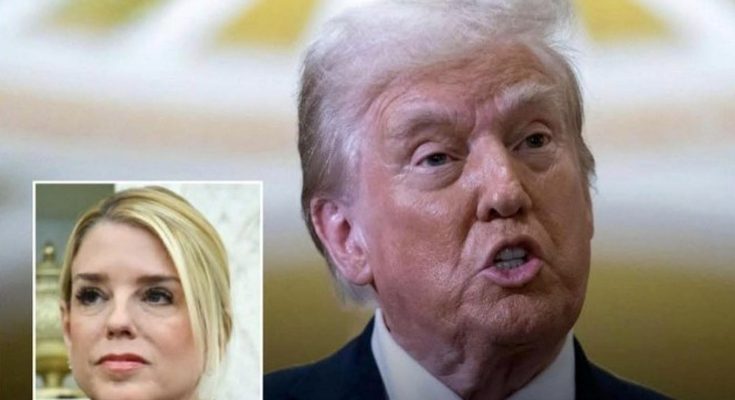 donald Trump speaking at podium with inset photo of Pam Bondi and bold headline text